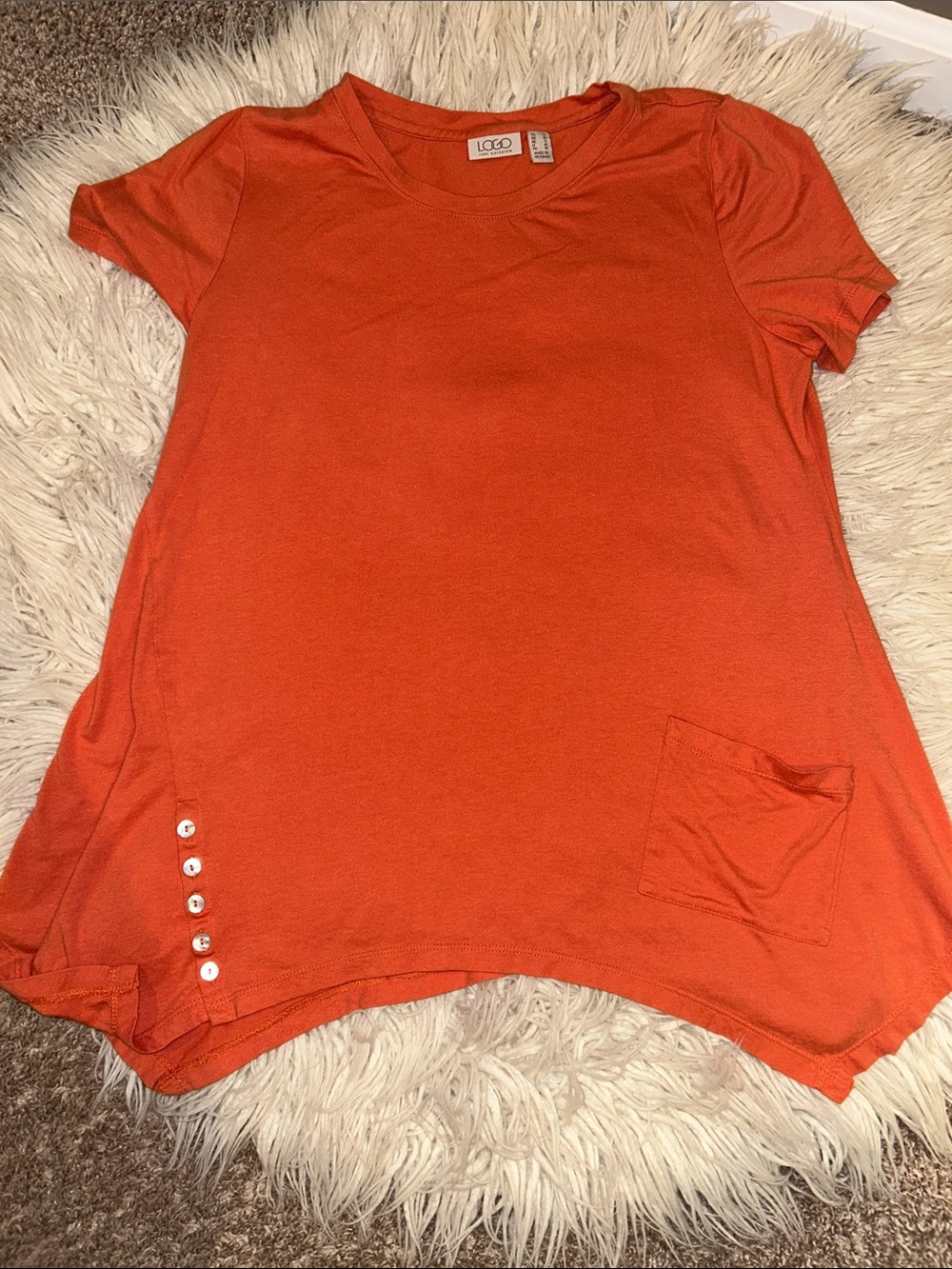 LOGO by Lori Goldstein small coral Short Sleeve Pocket Tee with Side Buttons
